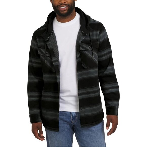 Quiksilver Hooded Flannel Shirt Jacket XL Black Gray Button-Up New a0728 - Picture 1 of 5